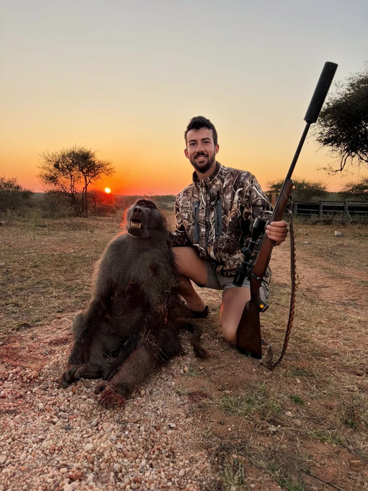 A hunter with a chacma baboon taken on management quota at sunset